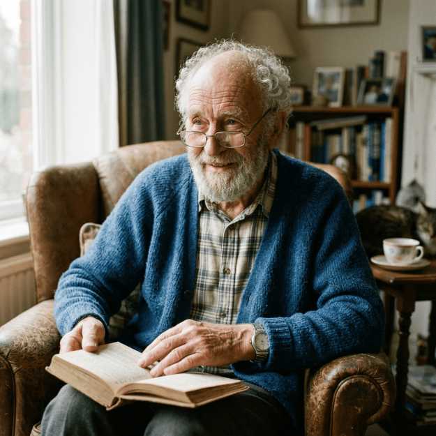 Older man reading an open book in a cozy living room